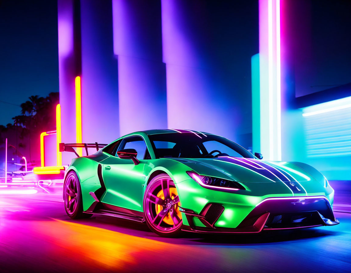 Sleek green sports car parked at night with neon lights reflections