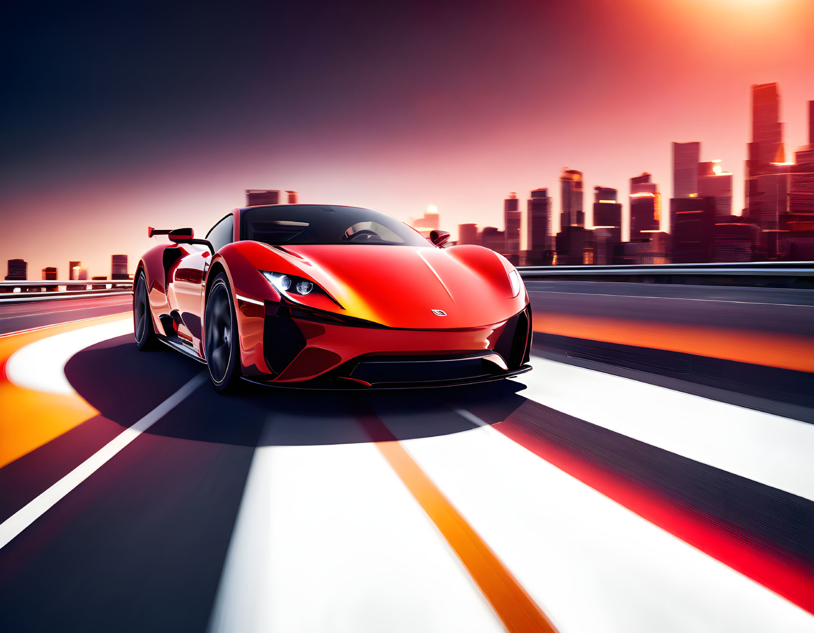 Red sports car races on track with blurred city skyline in background.