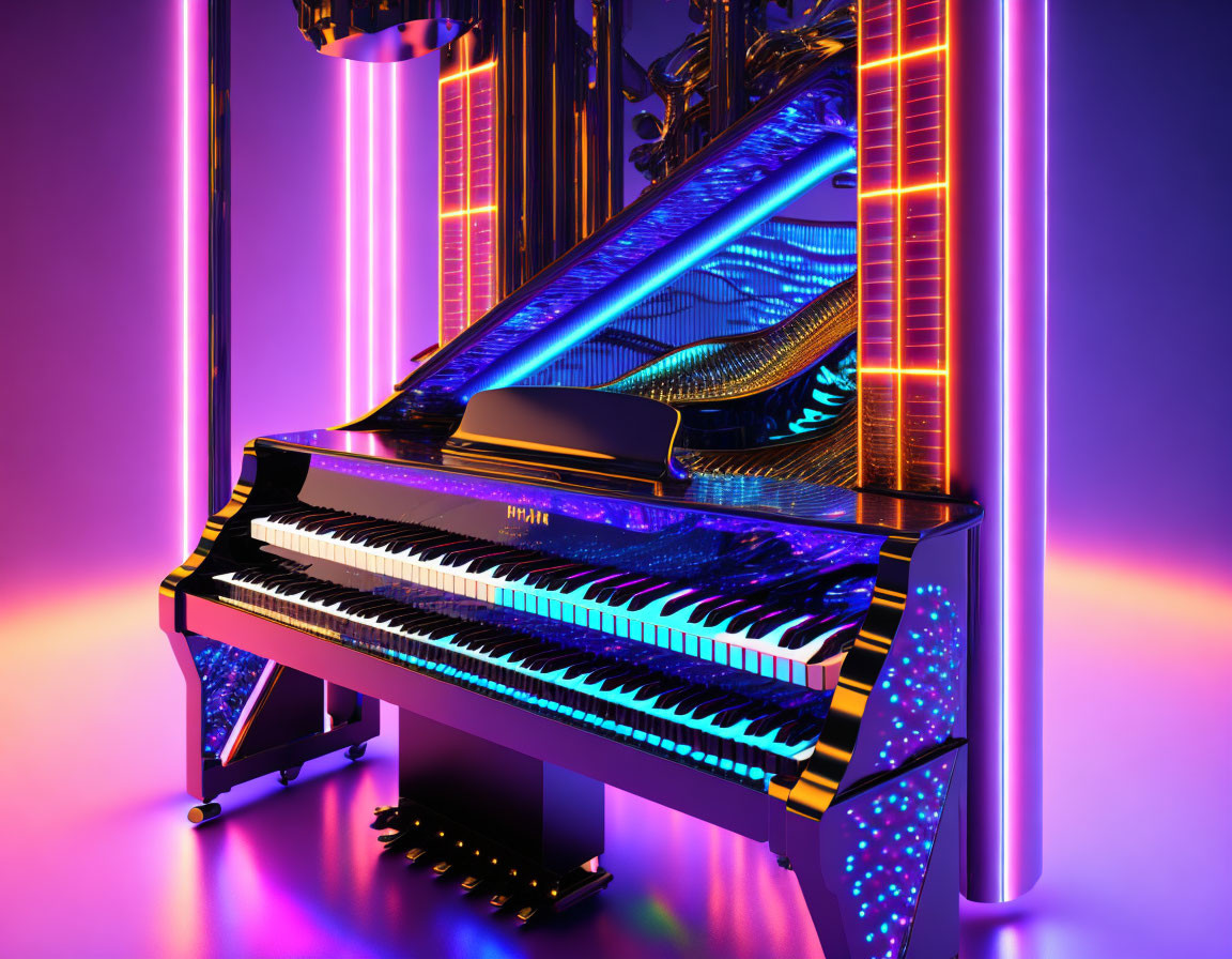 Colorful grand piano with neon lights on futuristic backdrop