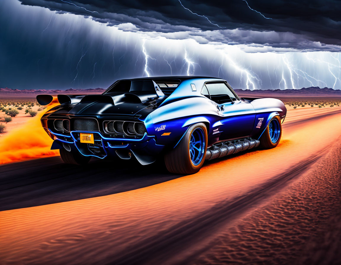 Blue vintage muscle car racing on desert road with lightning and dark clouds