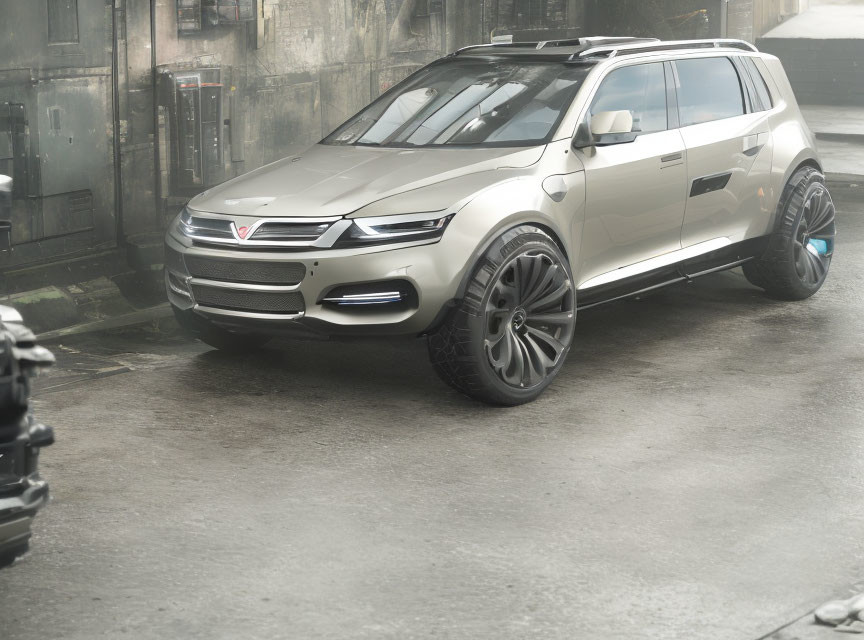 Modern White SUV with Distinctive Grille in Urban Alleyway