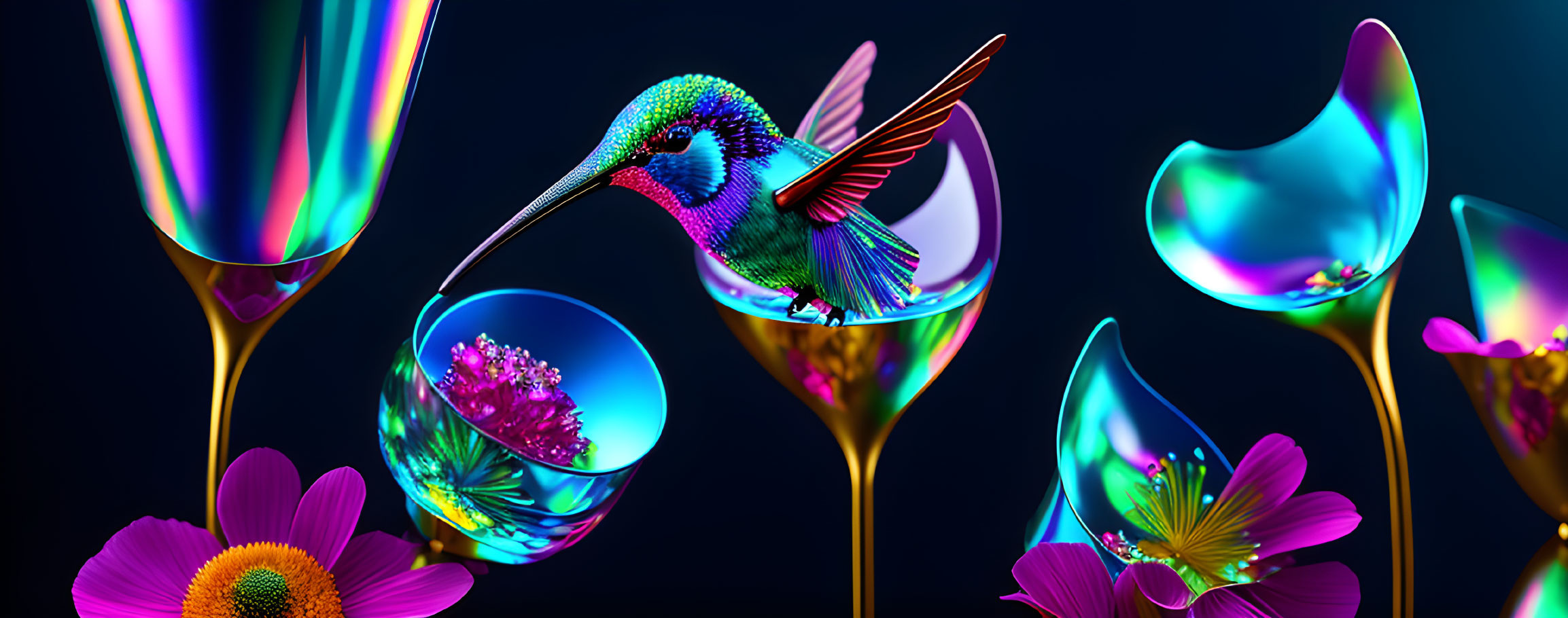 Colorful hummingbird near neon-lit bubble on surreal flower in dark setting