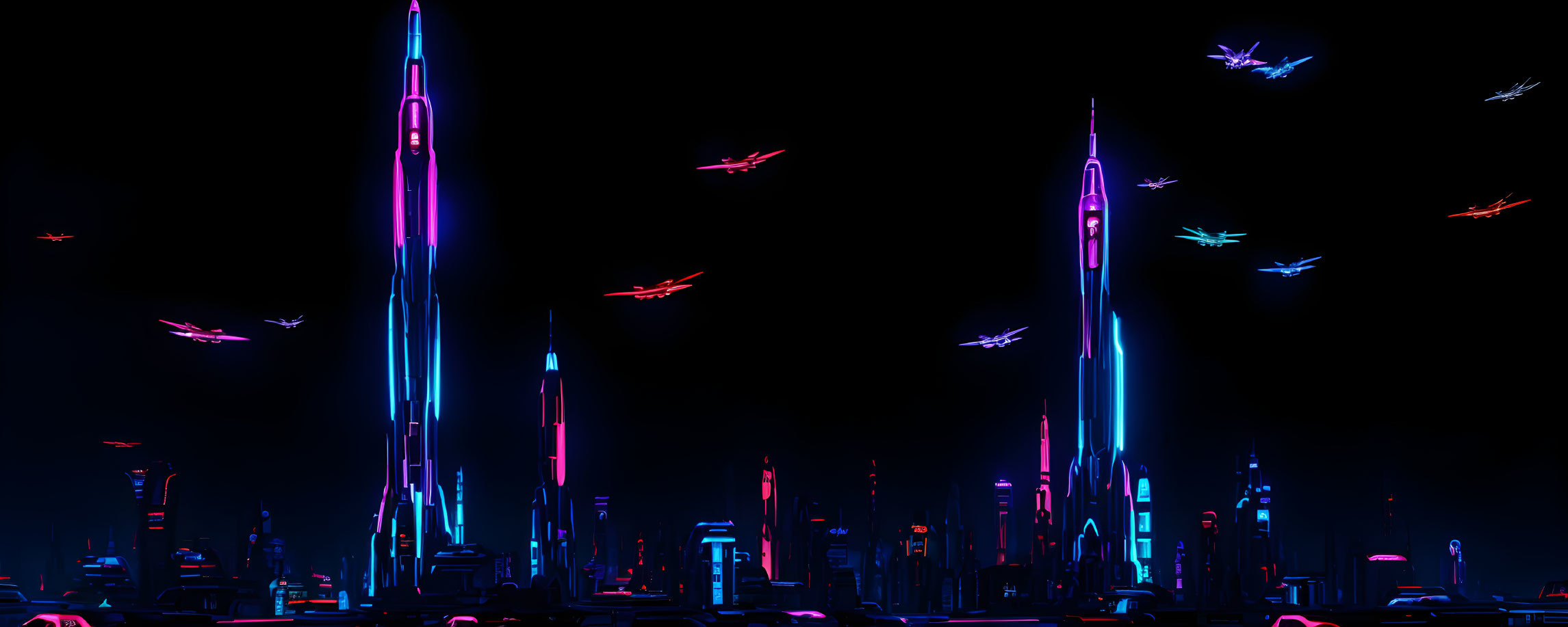 Neon-lit cyberpunk cityscape with flying vehicles at night