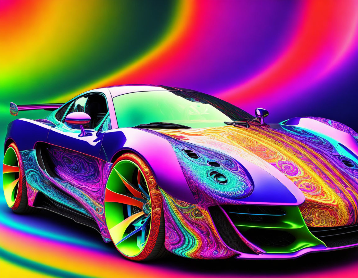 Colorful Psychedelic Sports Car on Neon Rainbow Background