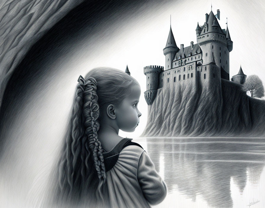 Young girl with braided hair gazes at distant castle over reflective lake in grayscale.