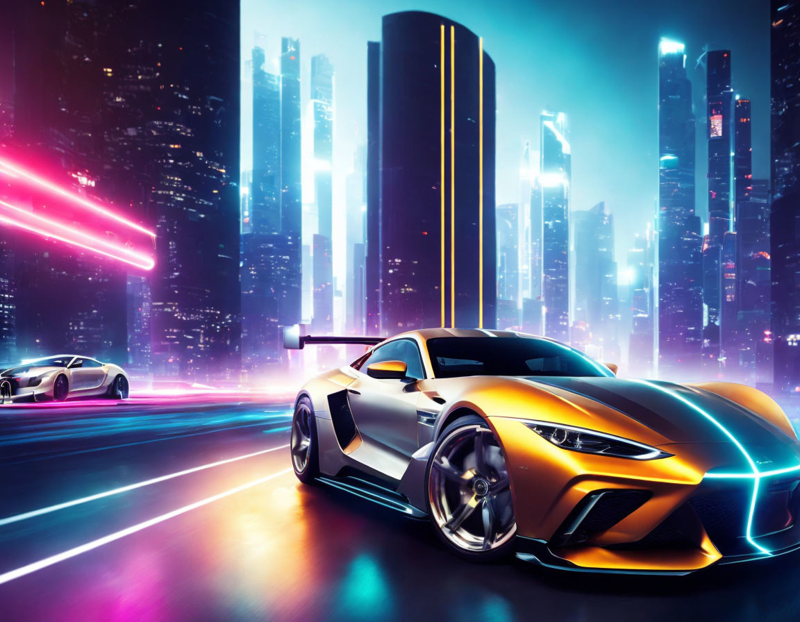 Neon-lit city night scene with futuristic racing sports cars