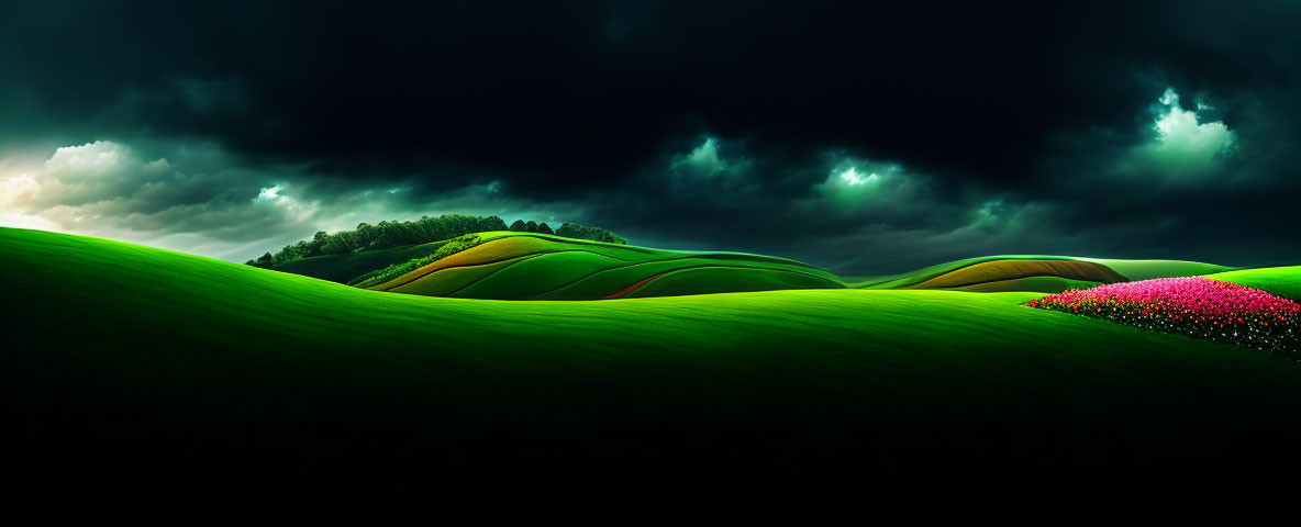 Dramatic stormy sky over vivid green hills with red flowers