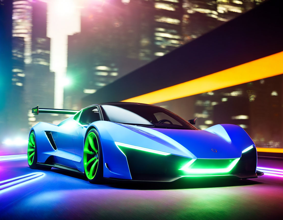 Blue Sports Car with Neon Green Lights on Urban Street at Night