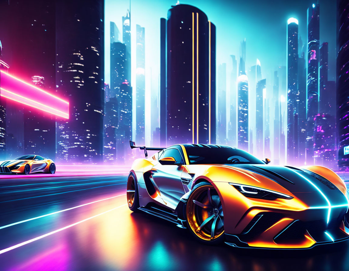 Neon-lit cityscape: Futuristic sports cars and skyscrapers