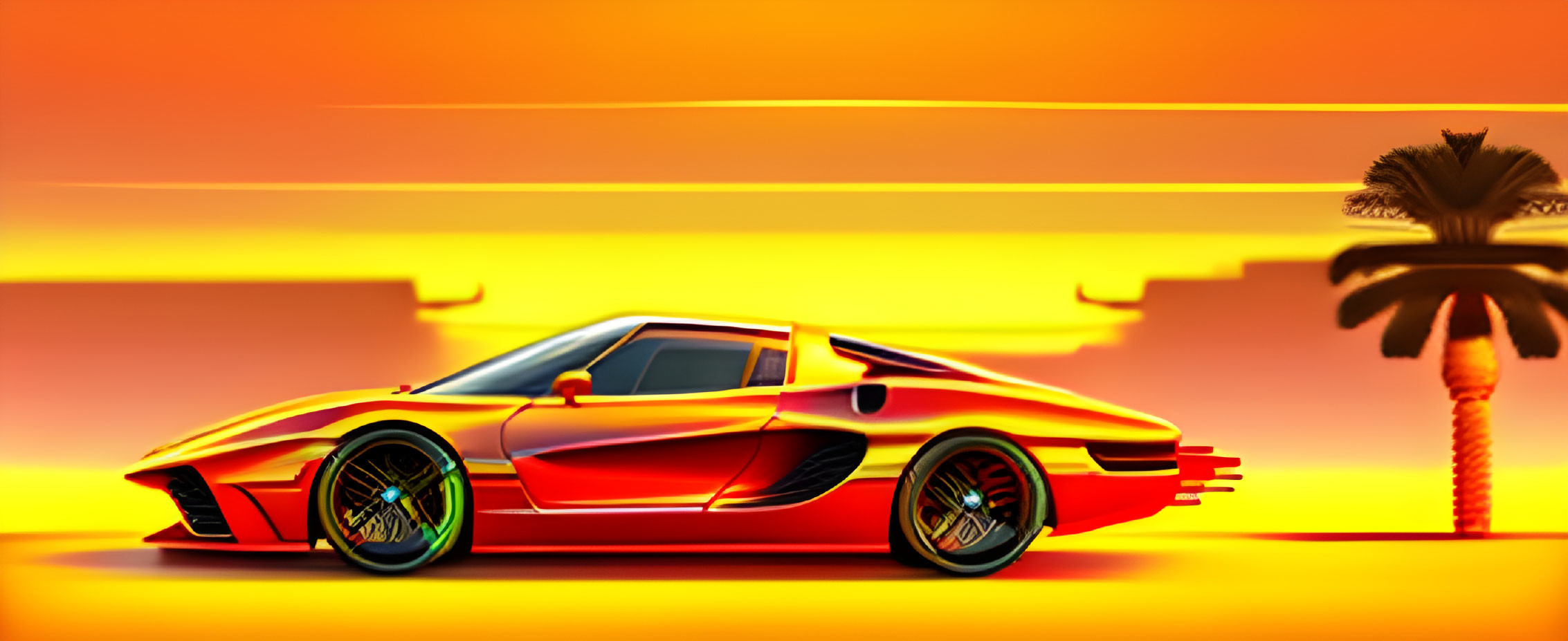 Red Sports Car with Green Wheel Highlights on Orange Sunset Background