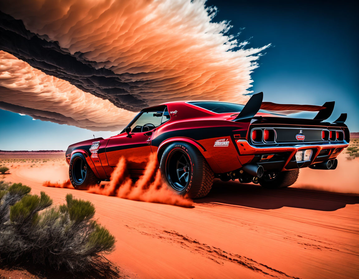 Red classic muscle car racing in desert under dramatic sky