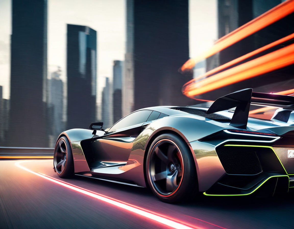 Futuristic cityscape: sleek sports car with light streaks