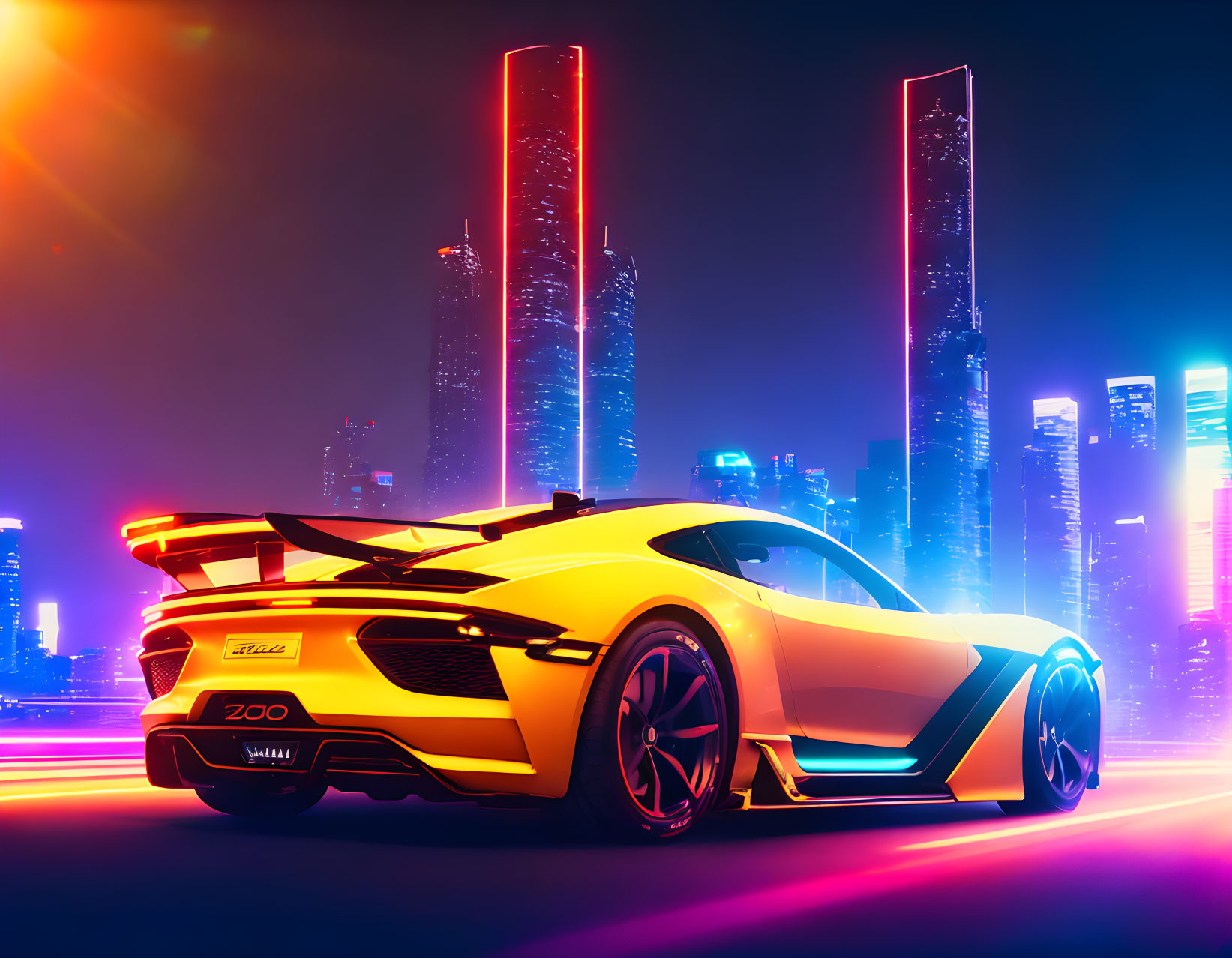 Futuristic cityscape with neon lights and sleek sports car with aerodynamic design and ZOO branding