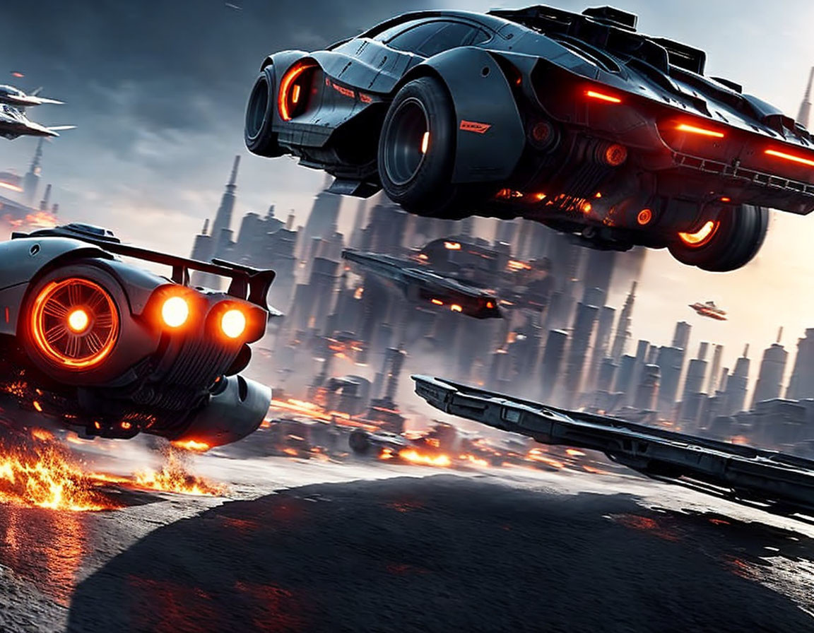 Futuristic cars in high-speed chase through dystopian city