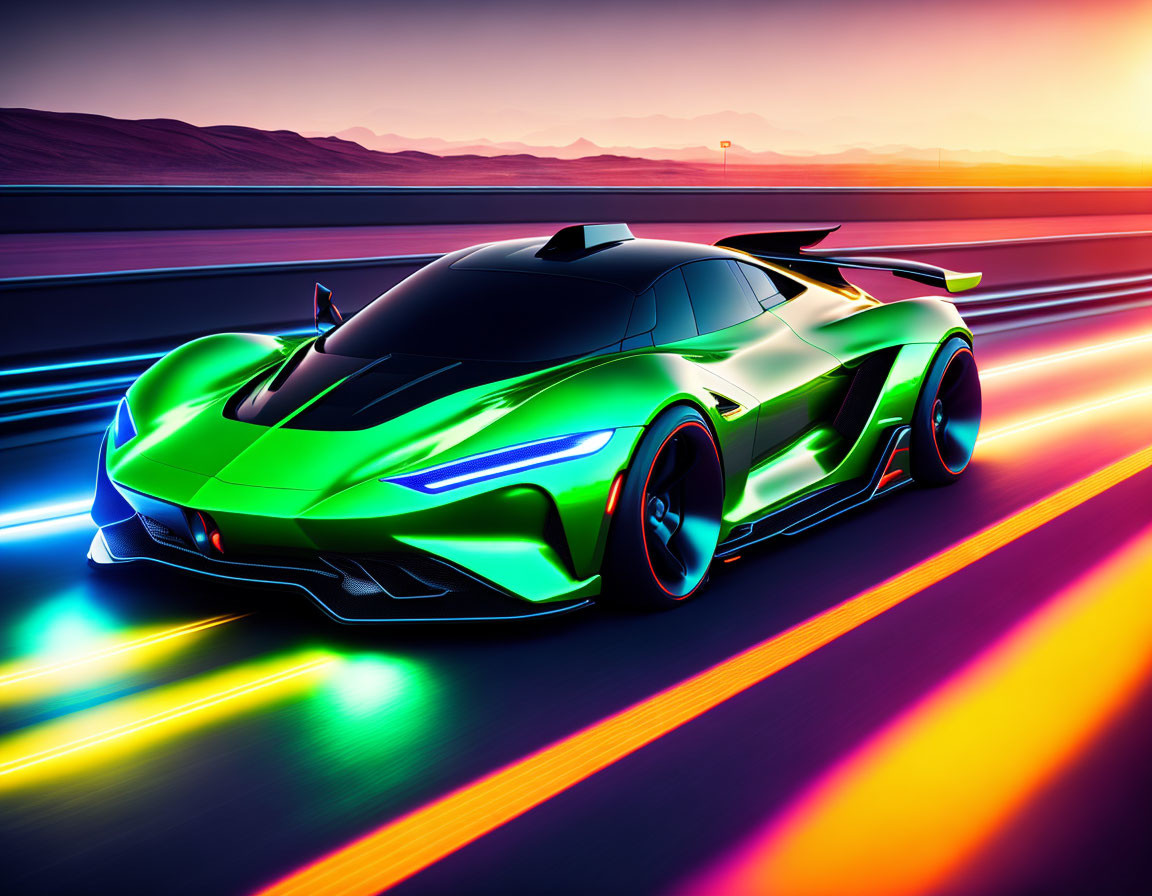 Green sports car with neon light trails at sunset