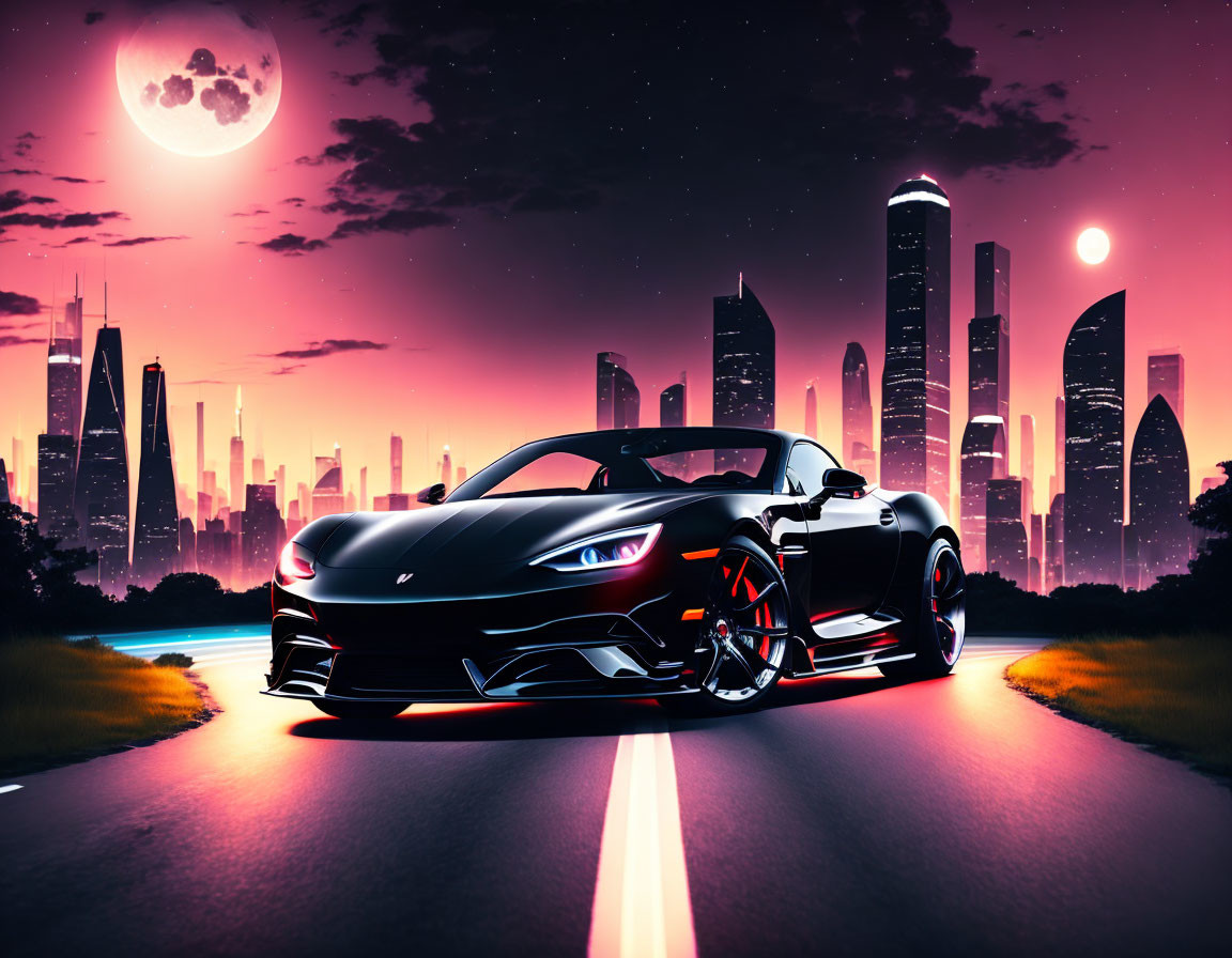 Black sports car on empty road with city skyline and moonlit sky