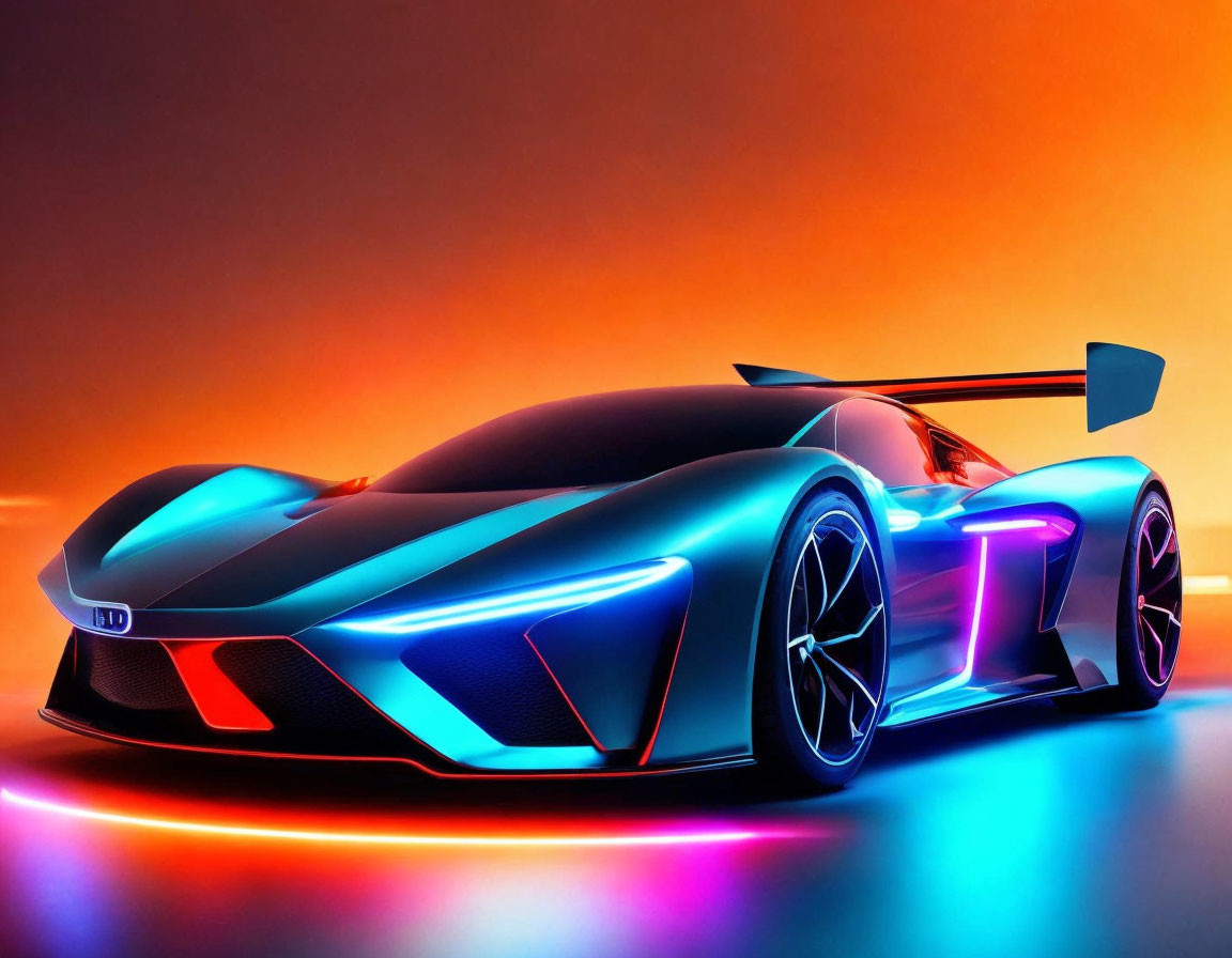 Blue futuristic sports car with glowing accents and large rear spoiler on orange gradient backdrop