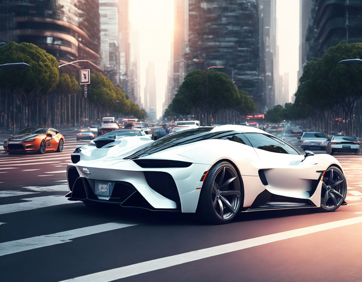 White sports car in futuristic cityscape at sunset