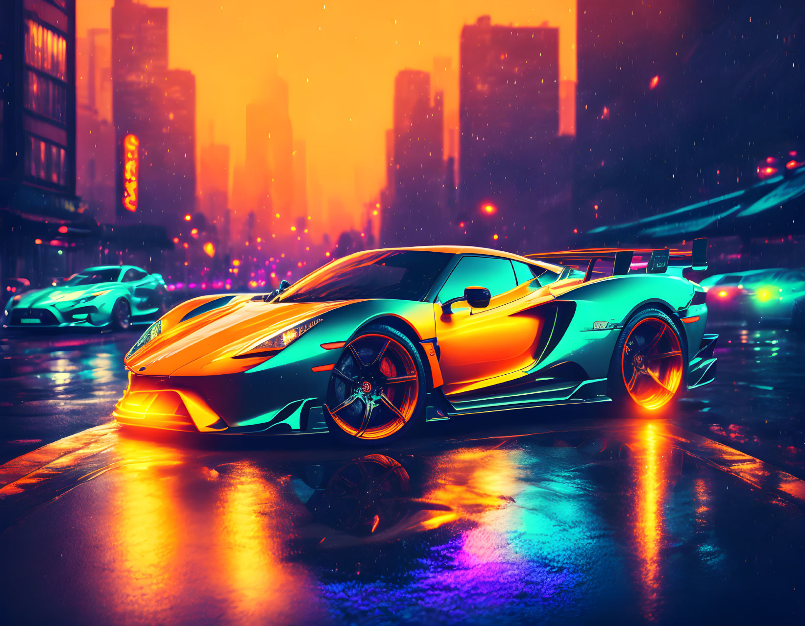 Sleek sports car with colorful paint on wet city street at twilight