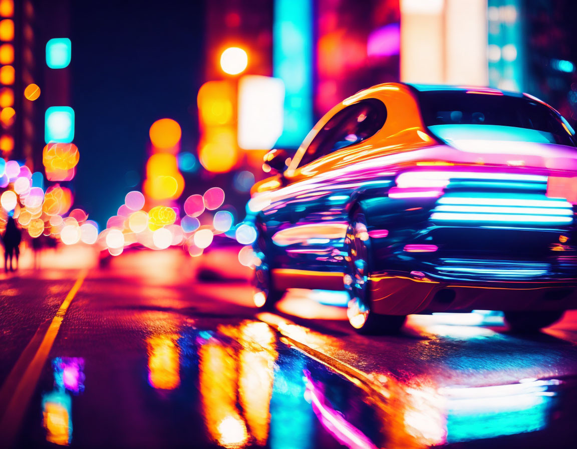 Vibrant city night scene with speeding car and urban lights.