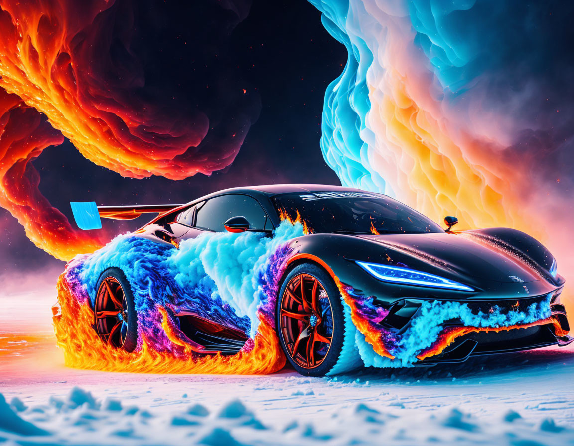 Dynamic flames and blue waves on sleek black sports car in vivid swirling colors