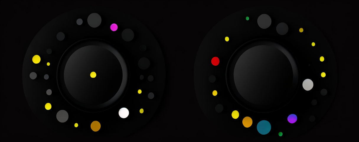 Two black smart speakers with colorful lights on dark background