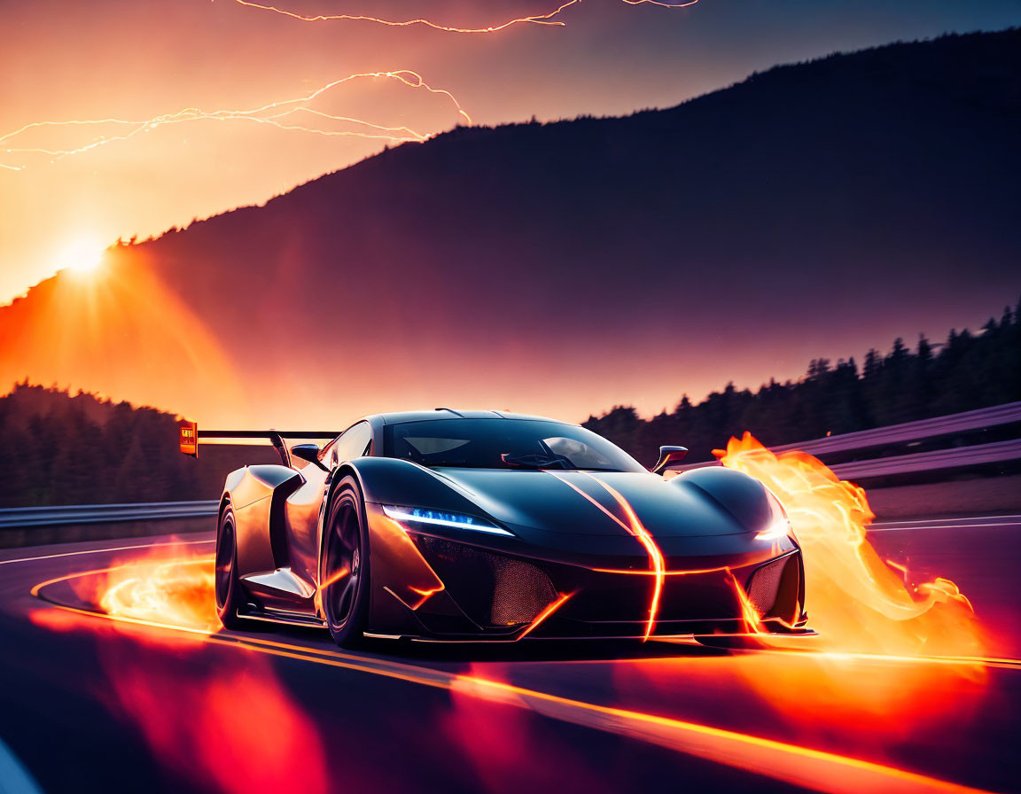 Speeding sports car on track at sunset with fiery light effects and lightning bolts