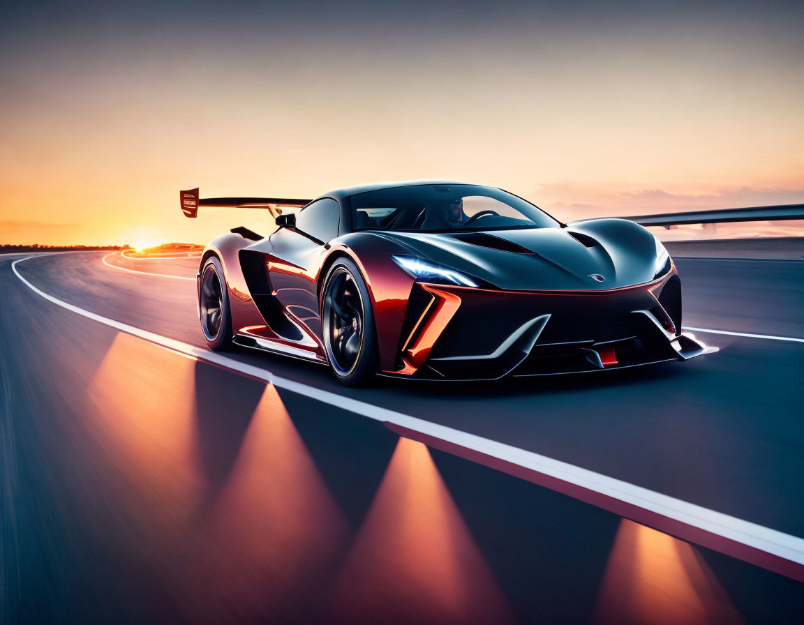 Black sports car with red accents on racetrack at sunset