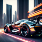 Futuristic cityscape: sleek sports car with light streaks