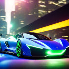 Blue Sports Car with Neon Green Lights on Urban Street at Night