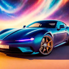 Blue Sports Car in Cosmic Setting Showcasing Futuristic Design