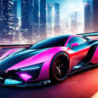 Vibrant Pink and Blue Sports Car in Futuristic Cityscape at Dusk