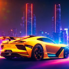 Futuristic cityscape with neon lights and sleek sports car with aerodynamic design and ZOO branding