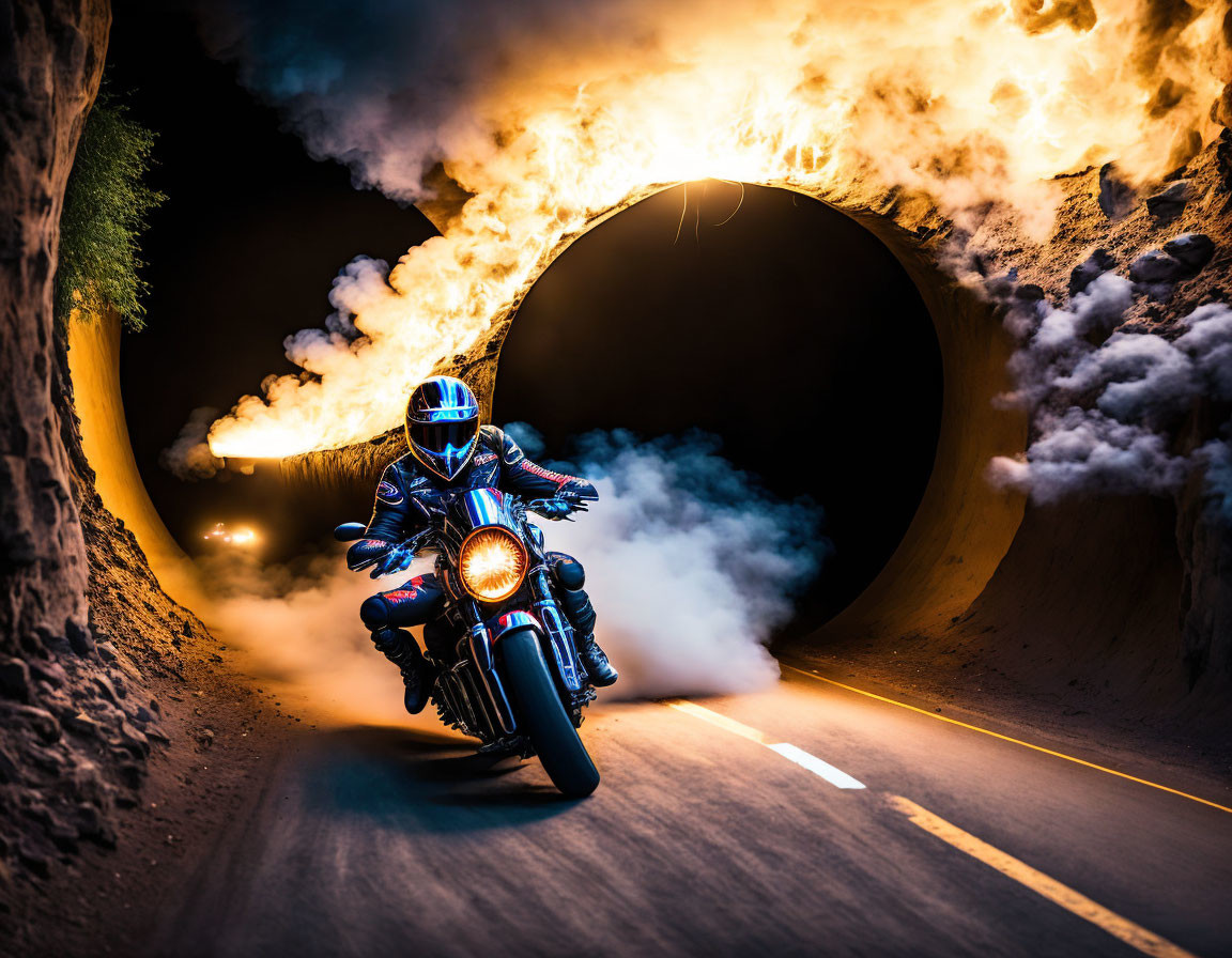 Motorcyclist bursts out of tunnel with flames and smoke