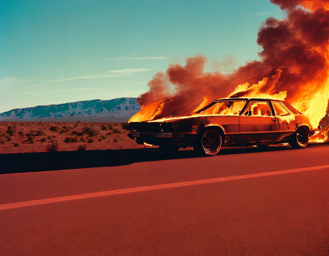 Vehicle on Fire on Deserted Road with Smoke and Mountains