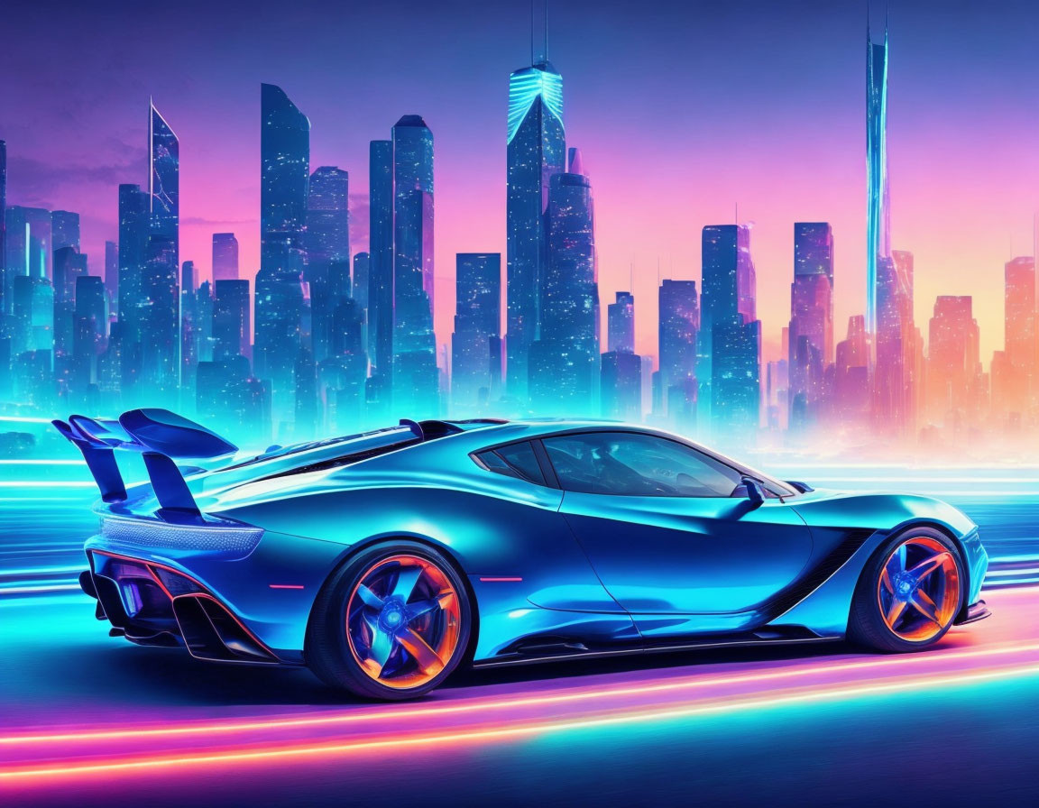 Futuristic Blue Sports Car with Glowing Wheels in Neon-lit Cityscape