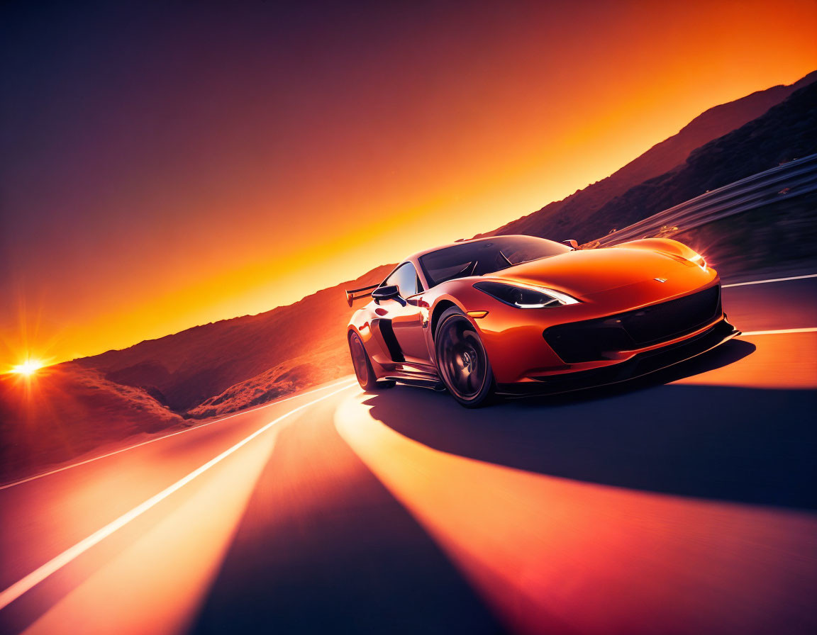 Sleek sports car on open road at sunset