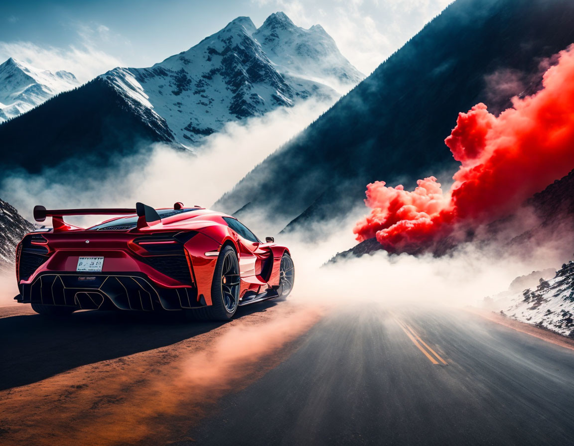 Red sports car on mountain road with red smoke, snowy peaks.