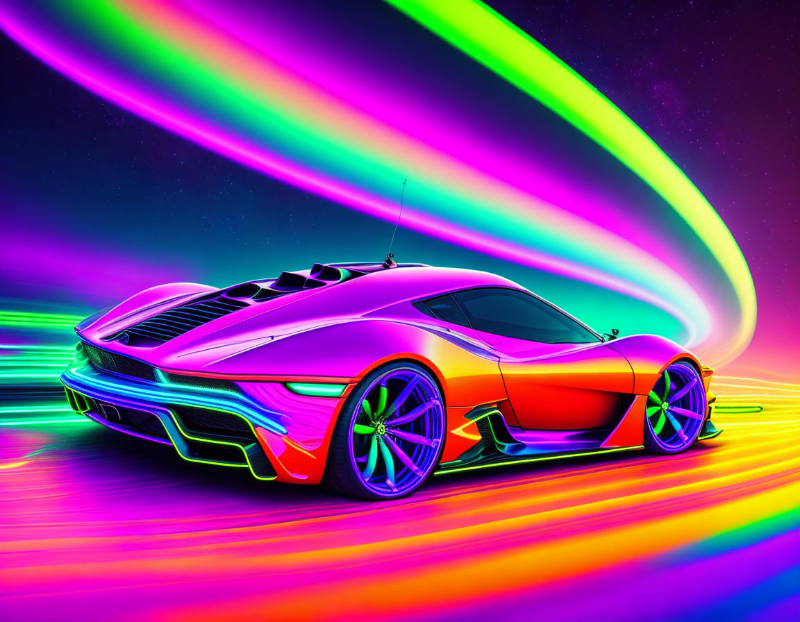 Neon-colored sports car under rainbow-lit sky