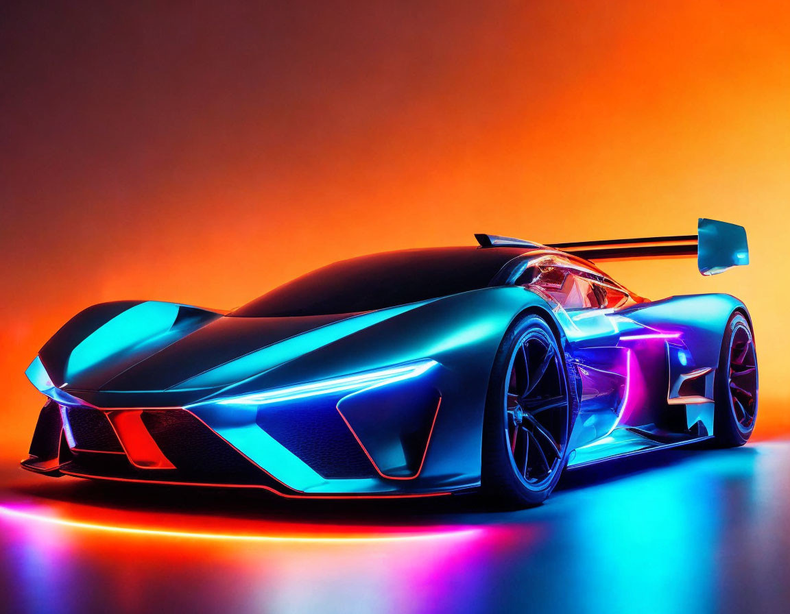 Futuristic sports car with neon lights and rear wing