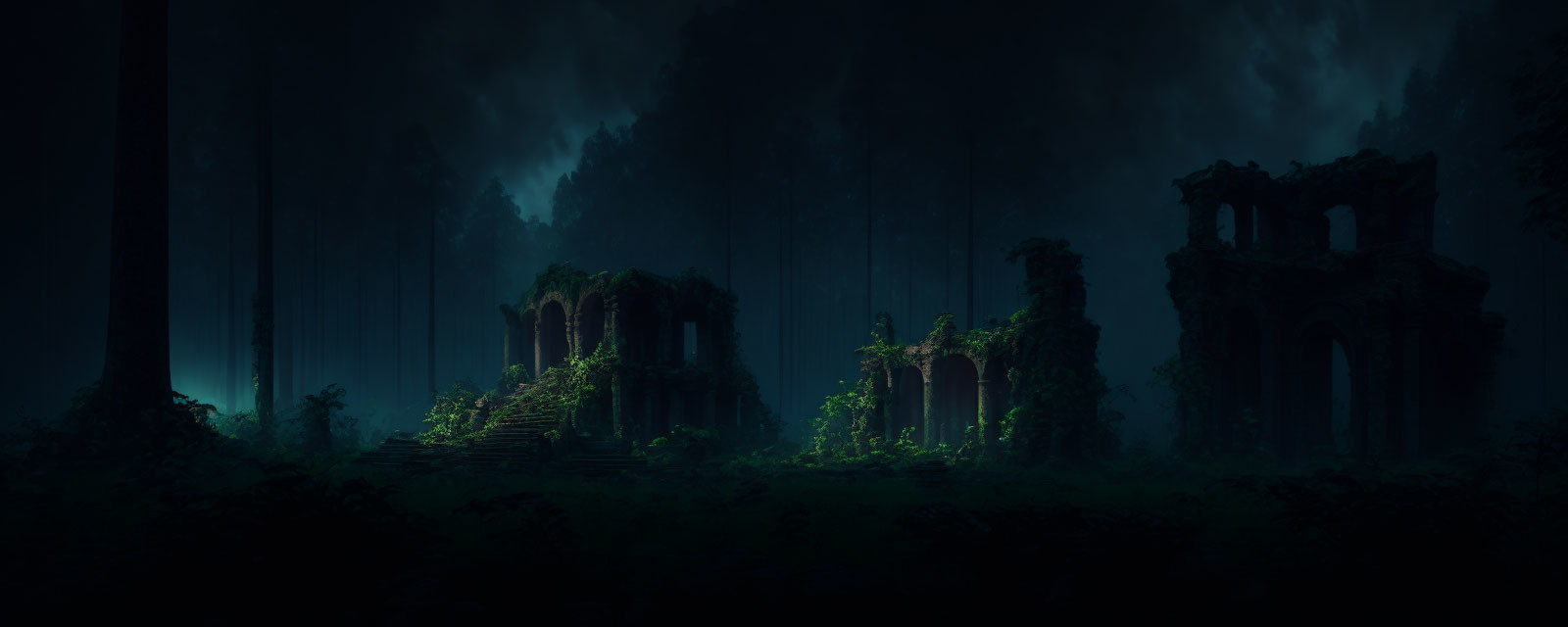 Ancient ruins in dark forest with eerie light at night