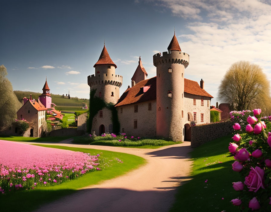 Castle with Conical-Roofed Towers in Lush Landscape