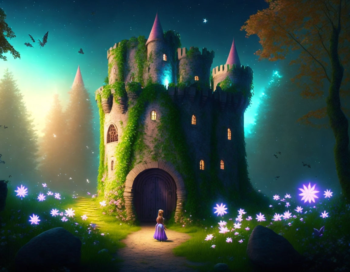 Enchanted castle with glowing turrets in magical forest