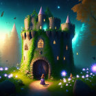 Enchanted castle with glowing turrets in magical forest