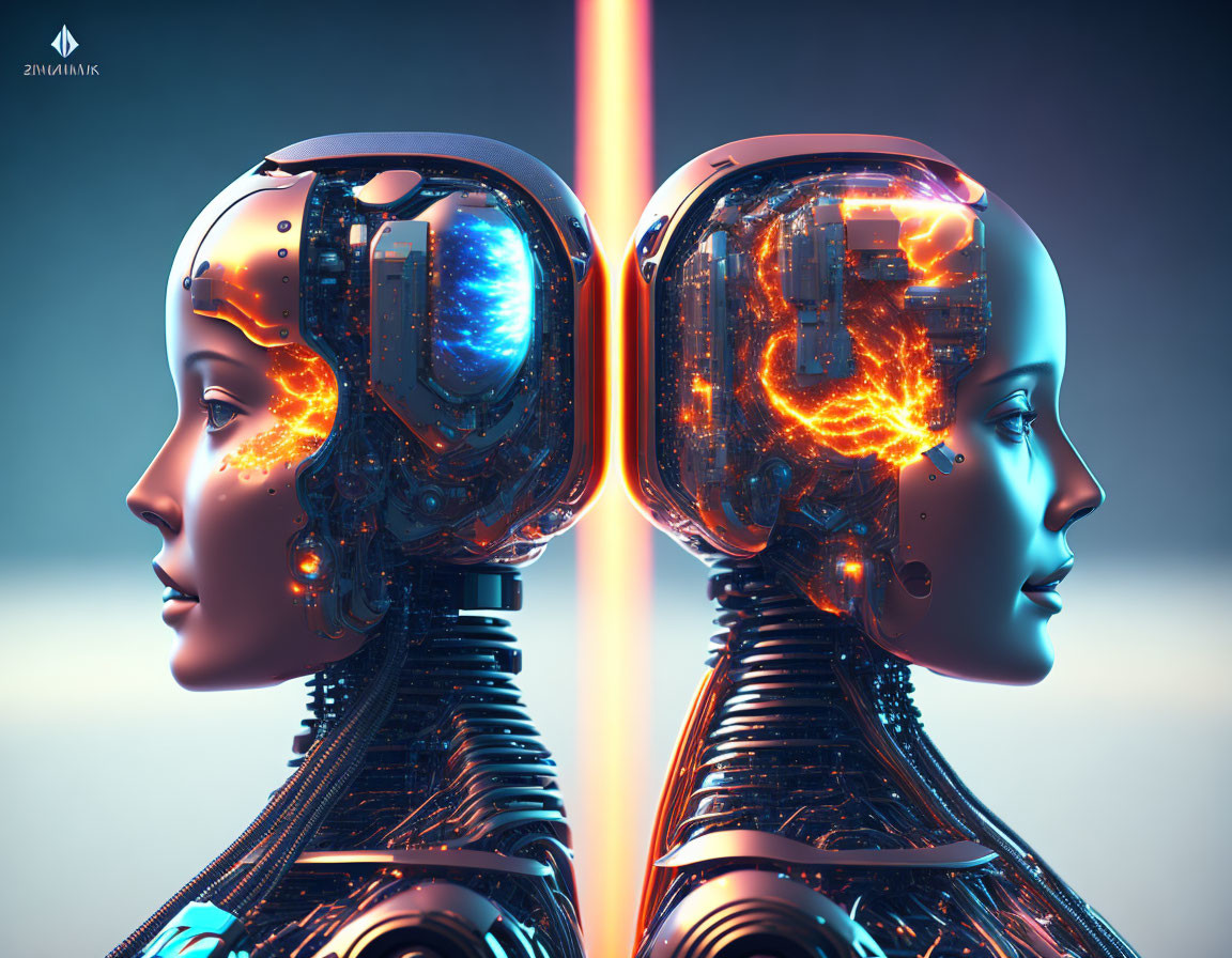 Hyper-realistic robotic heads: Female forms, intricate details, glowing circuits, facing each other in blue