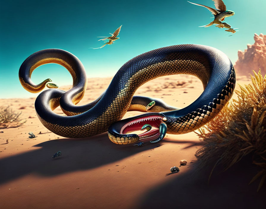 Vibrant blue snake in desert with surreal features