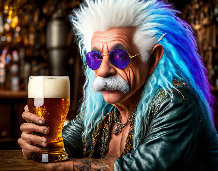 Person with Blue and White Mohawk and Purple Glasses Holding Beer in Bar