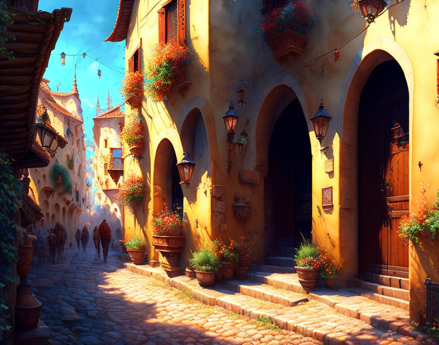 Picturesque cobblestone street with vibrant flowers and traditional lamps, flanked by quaint buildings.