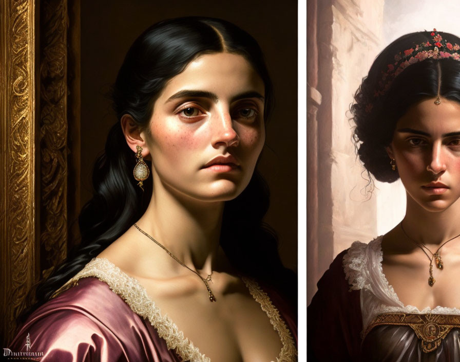 Dark-haired woman in classic attire diptych with warm light, exuding serene, bygone era