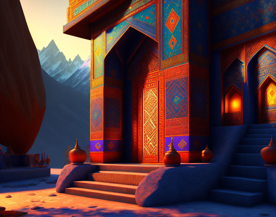 Intricately Patterned Building in Blue and Orange Amid Mountains at Sunrise or Sunset